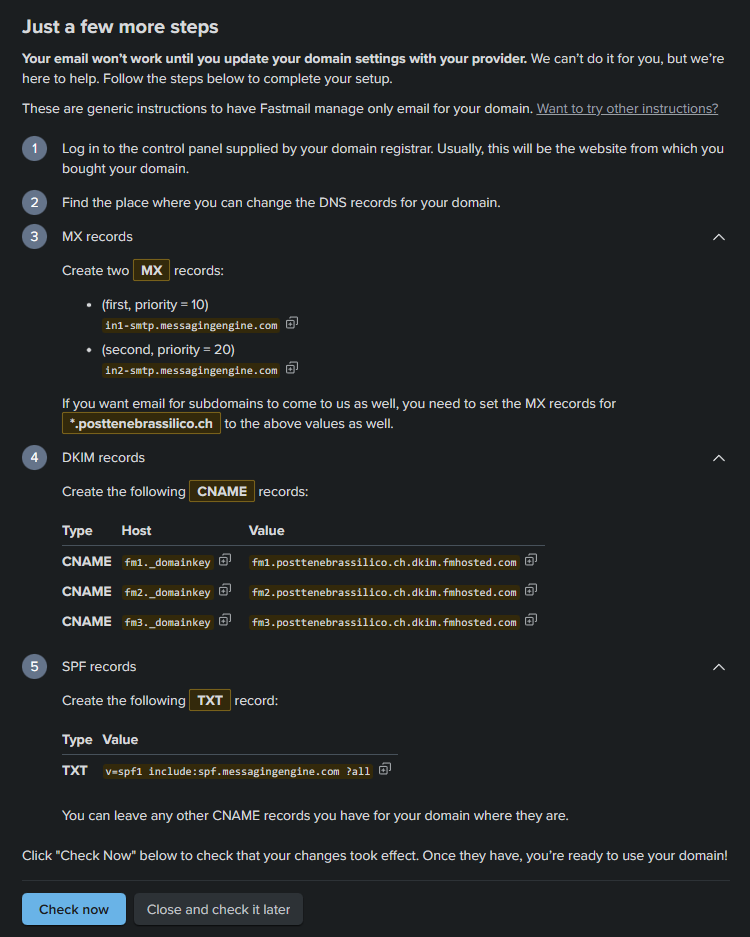 Fastmail instructions for DNS configuration