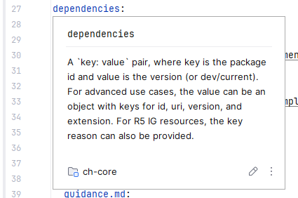 The description shown for the element 'dependencies'
